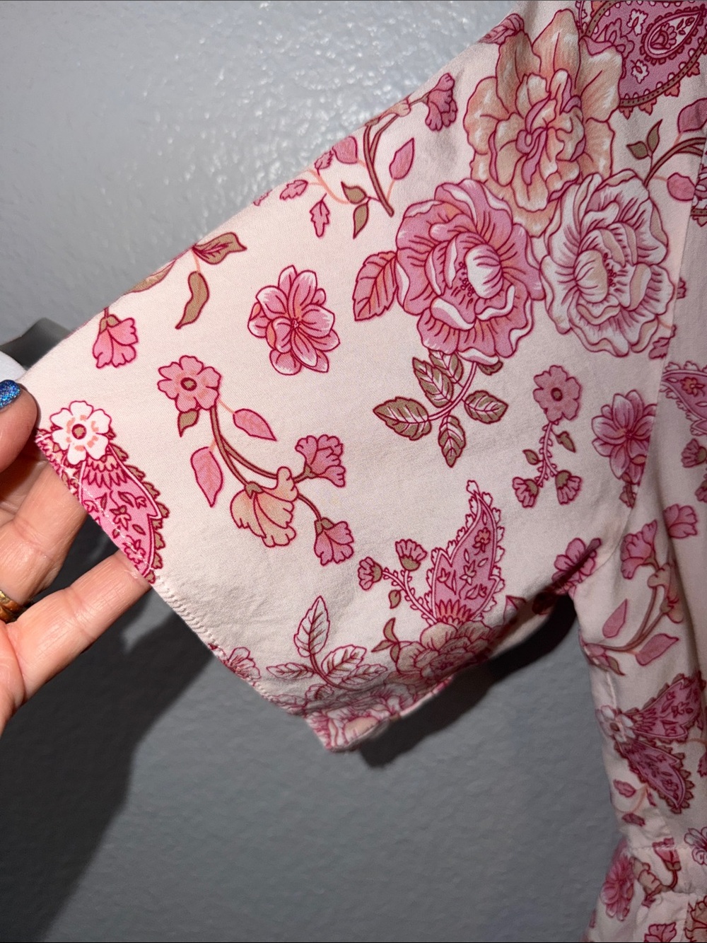 Floral Boho V-Neck Mini Dress in Blush and Rose - Picture 3 of 10